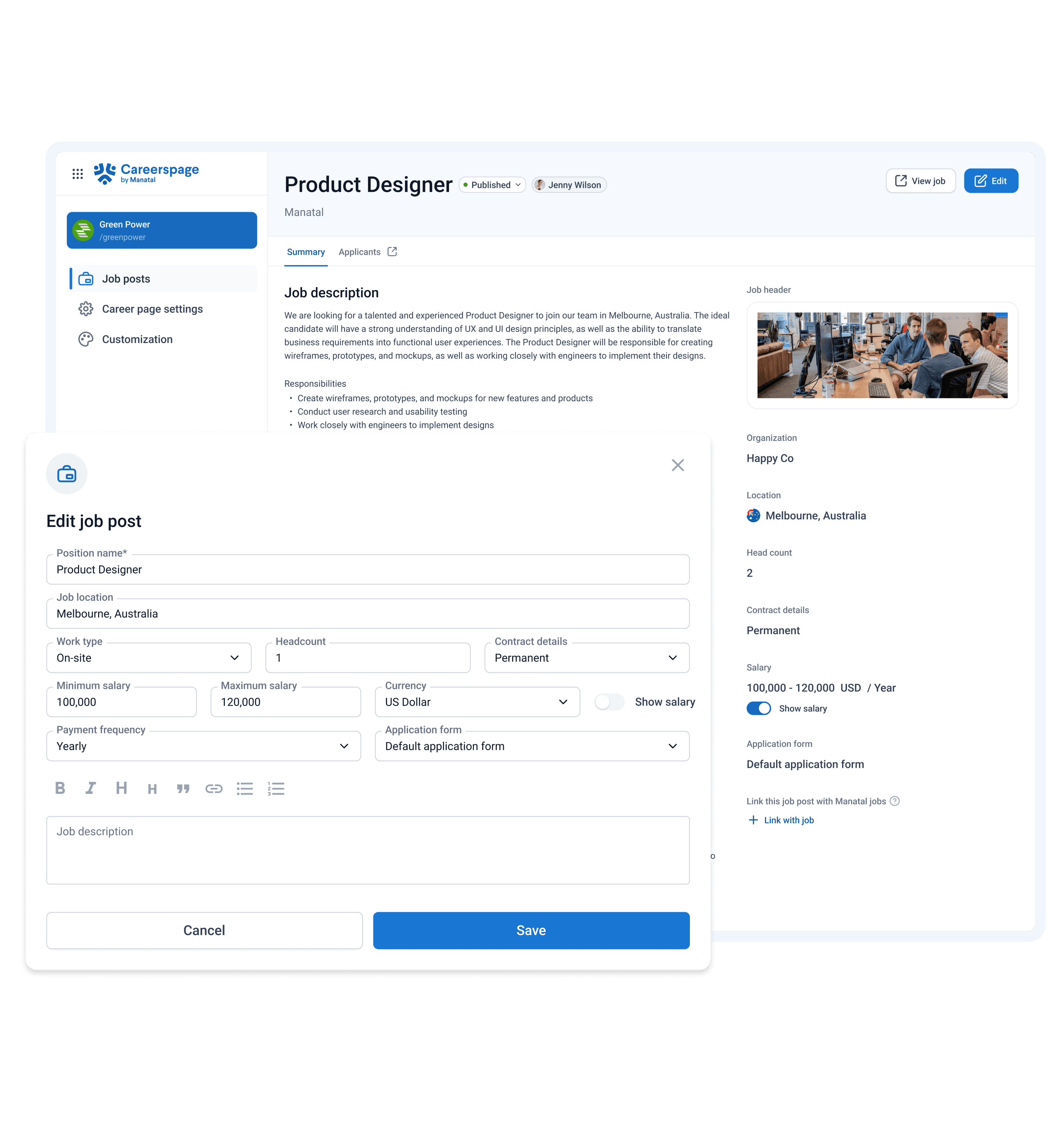 Product visual for job posting and internal job management pages