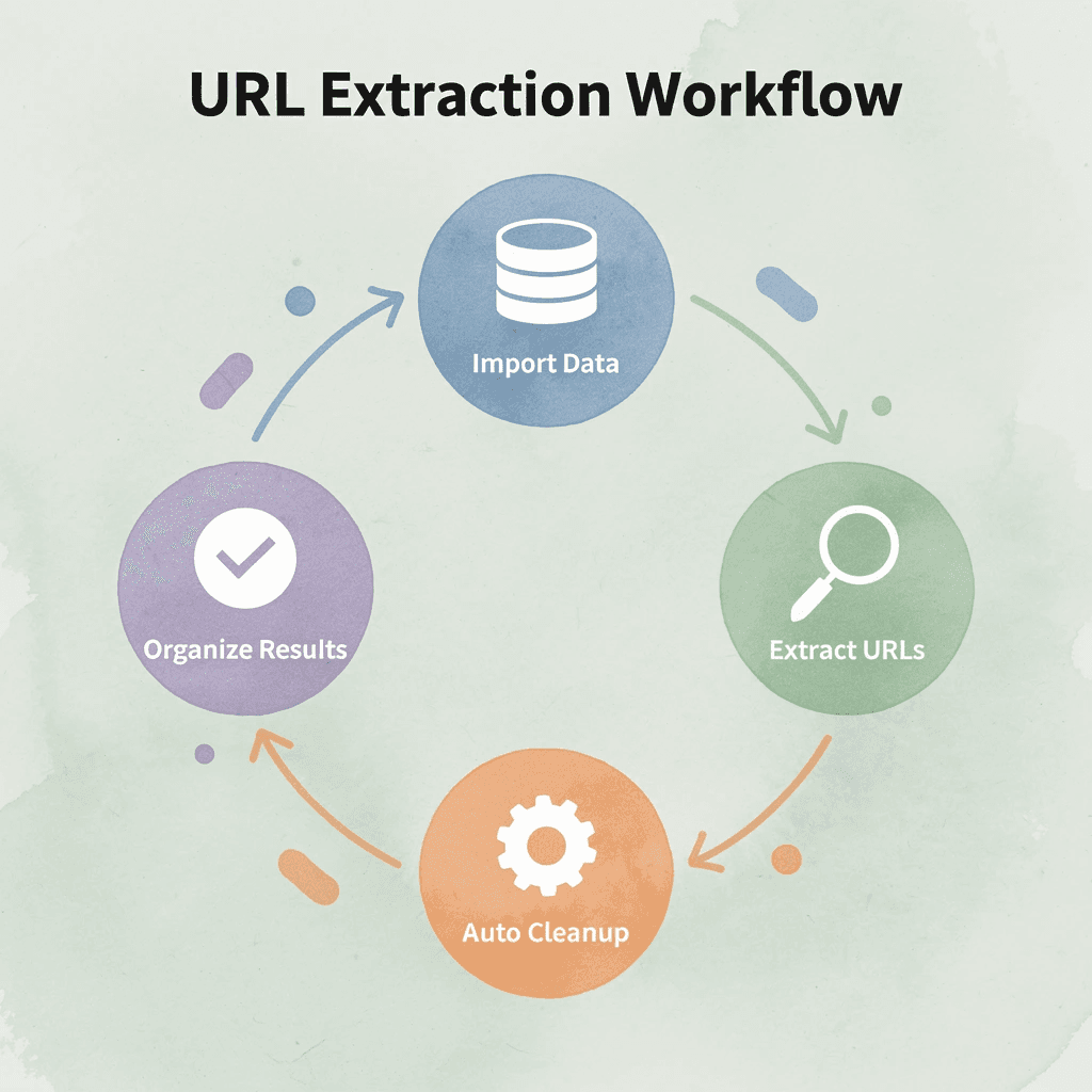  Cycle loop infographic showing the four repeating stages of the URL extraction workflow