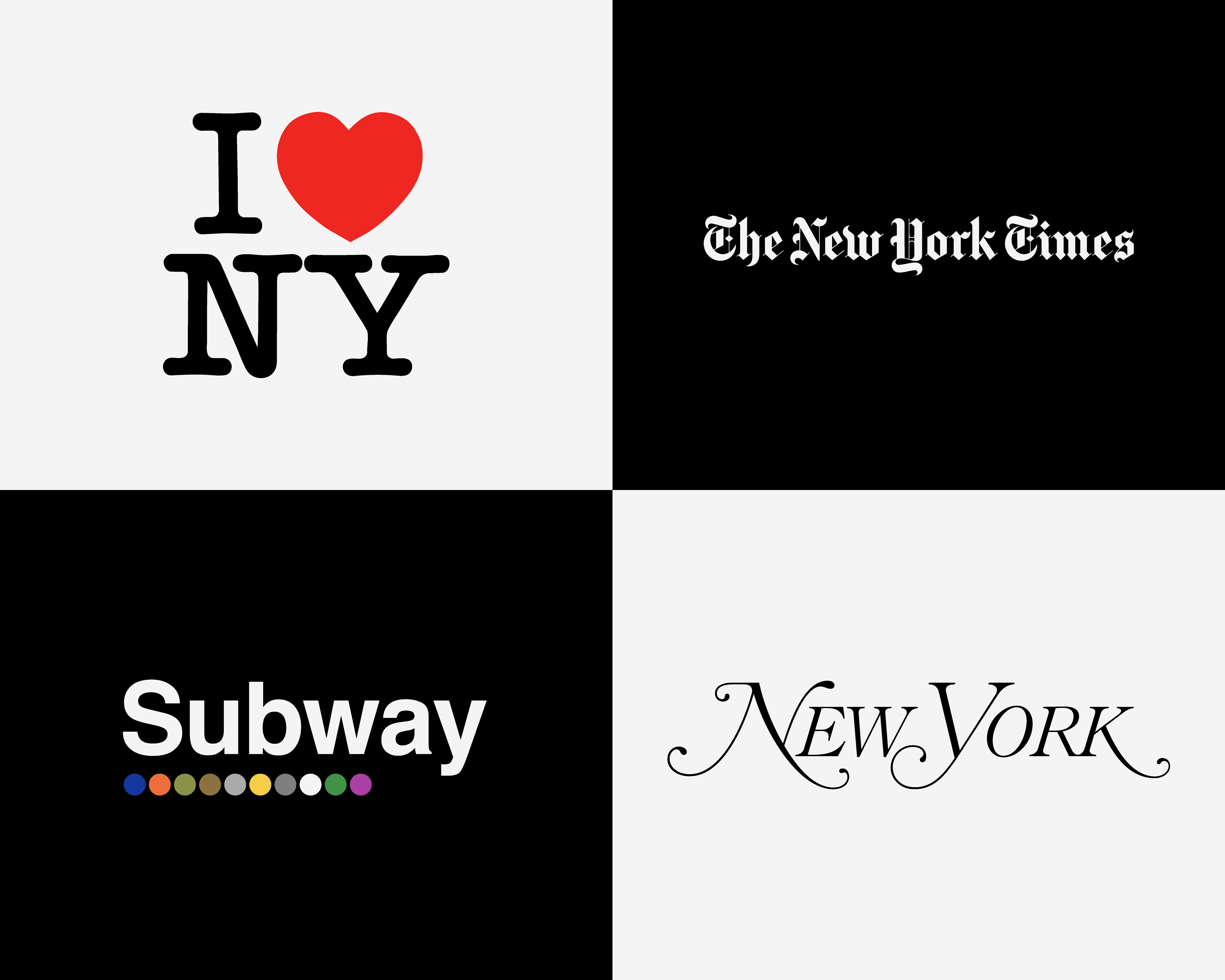 Four iconic New York typography examples including the I ❤ NY logo, The New York Times blackletter masthead, NYC subway signage, and the New York Magazine calligraphic masthead.
