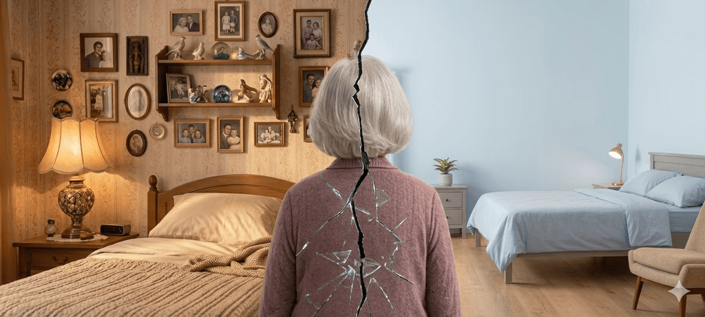 Older adult adjusting to a new room after moving into long-term care