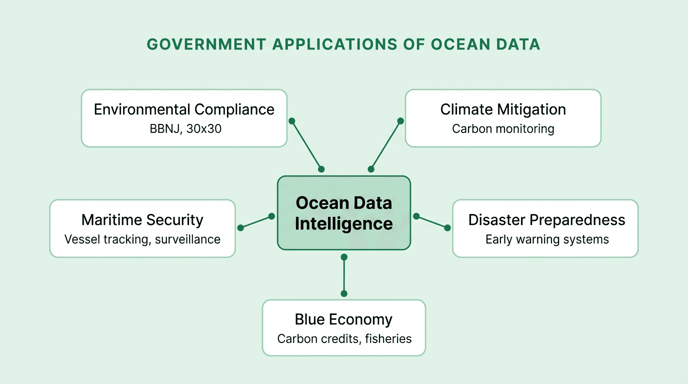 Government applications of ocean data spanning environmental compliance, climate mitigation, disaster preparedness, blue economy, and maritime security