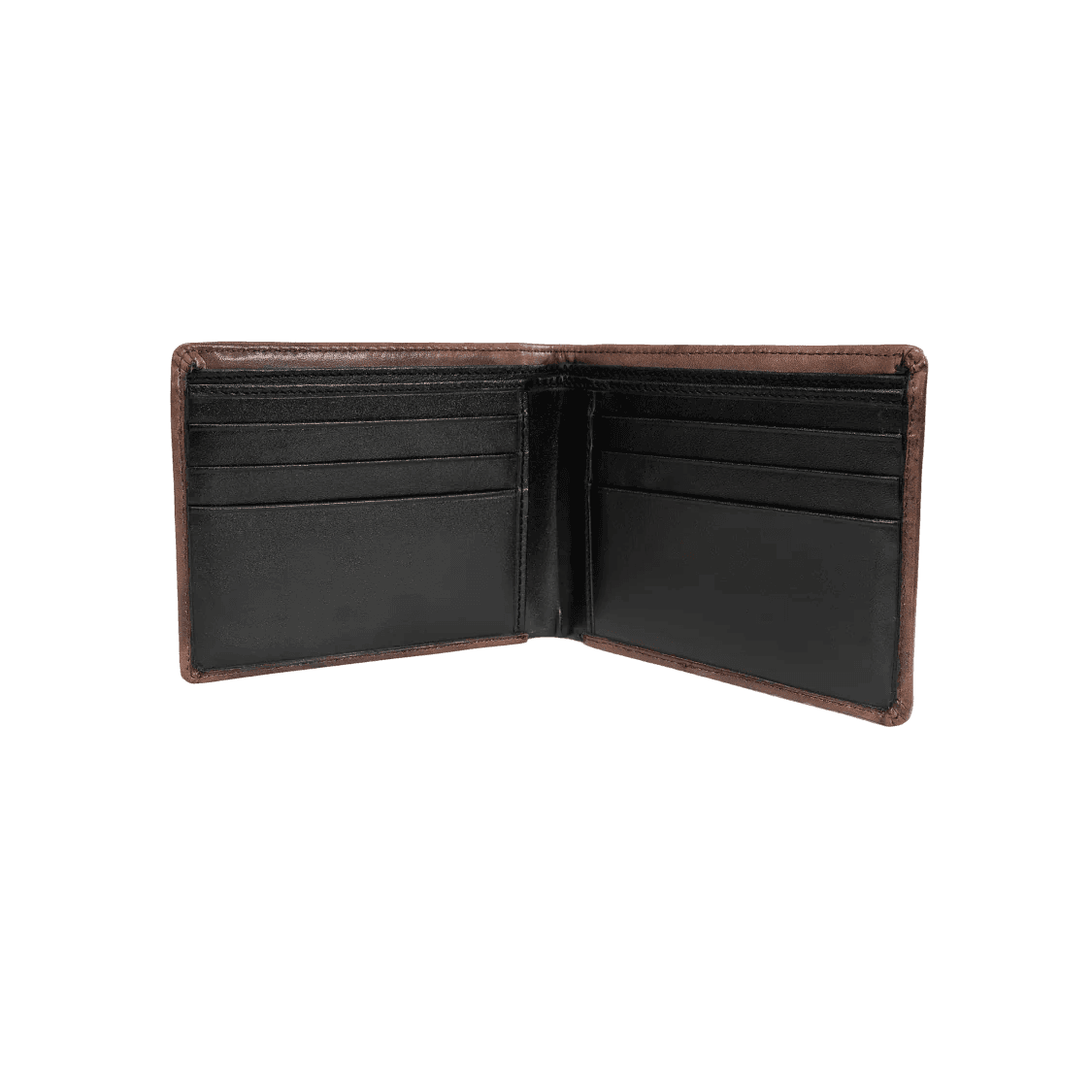 Open brown leather wallet with card slots on a white background