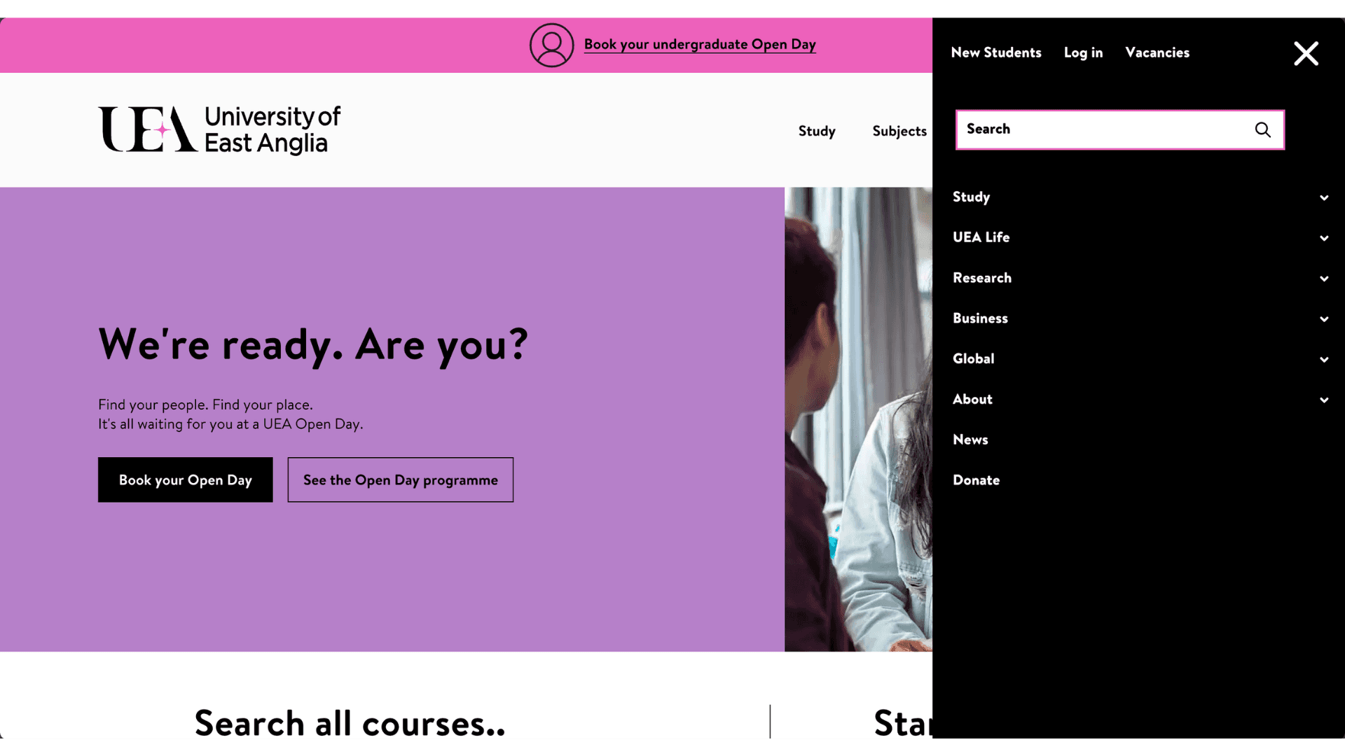 An image of University of East Anglia's menu & search
