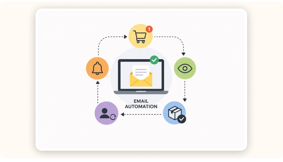 Illustration minimaliste montrant le flux d'automatisation des e-mails