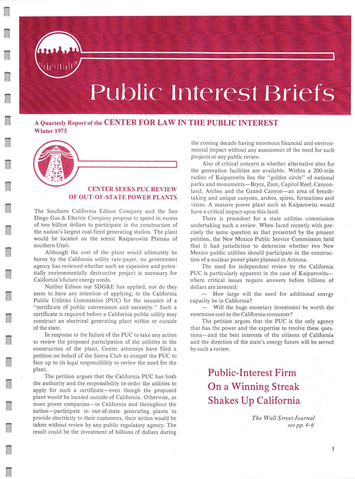 Cover of Center for Law In The Public Interest's Quarterly Report, Winter 1975 Edition Public Interest Briefs