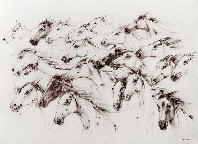 The image depicts a dynamic pencil sketch of multiple horses in motion, capturing the fluidity and grace of the animals with expressive line work.