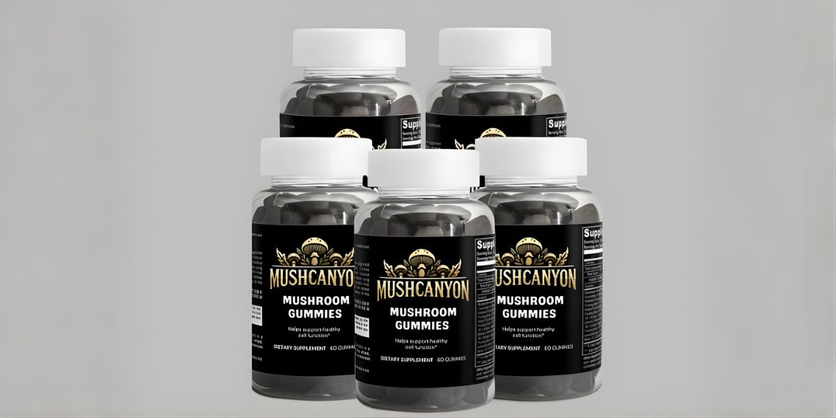 The image shows five bottles of MushCanyon Mushroom Gummies, a wellness supplement with functional mushrooms for health benefits.