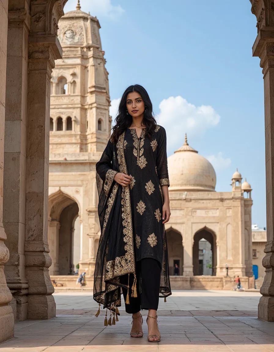 Elegant black and gold traditional outfit showcased against historic stone architecture with dome and tower under clear blue sky