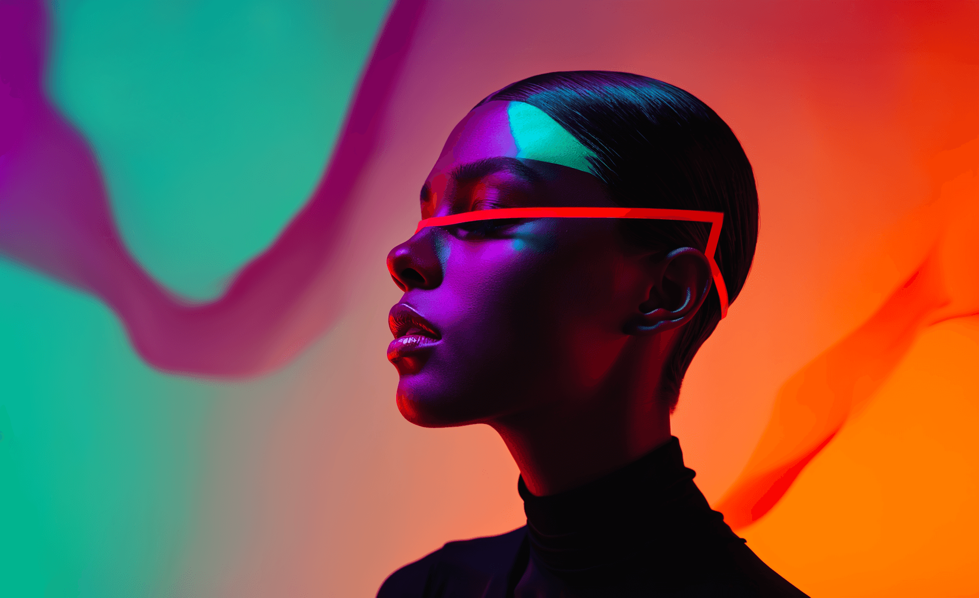 Futuristic fashion portrait in neon lights, woman in sleek visor glasses, modern creative AI concept design
