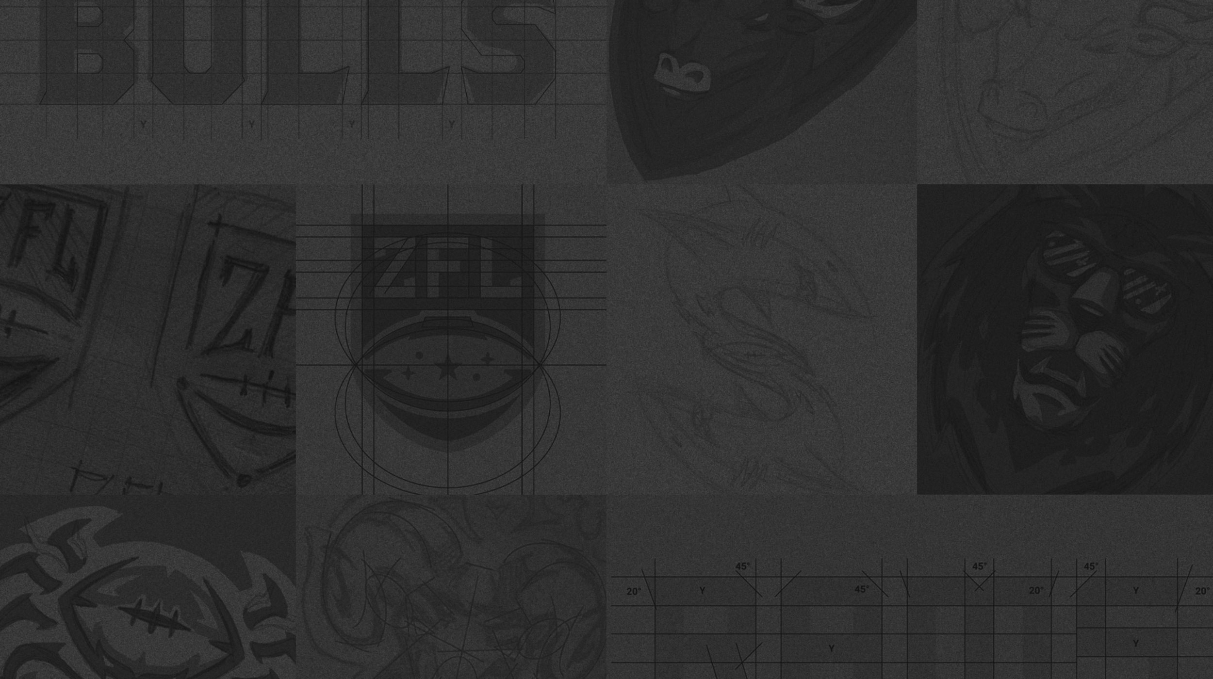 Design Shark logo sketches and behind teh scenes vector process collage.