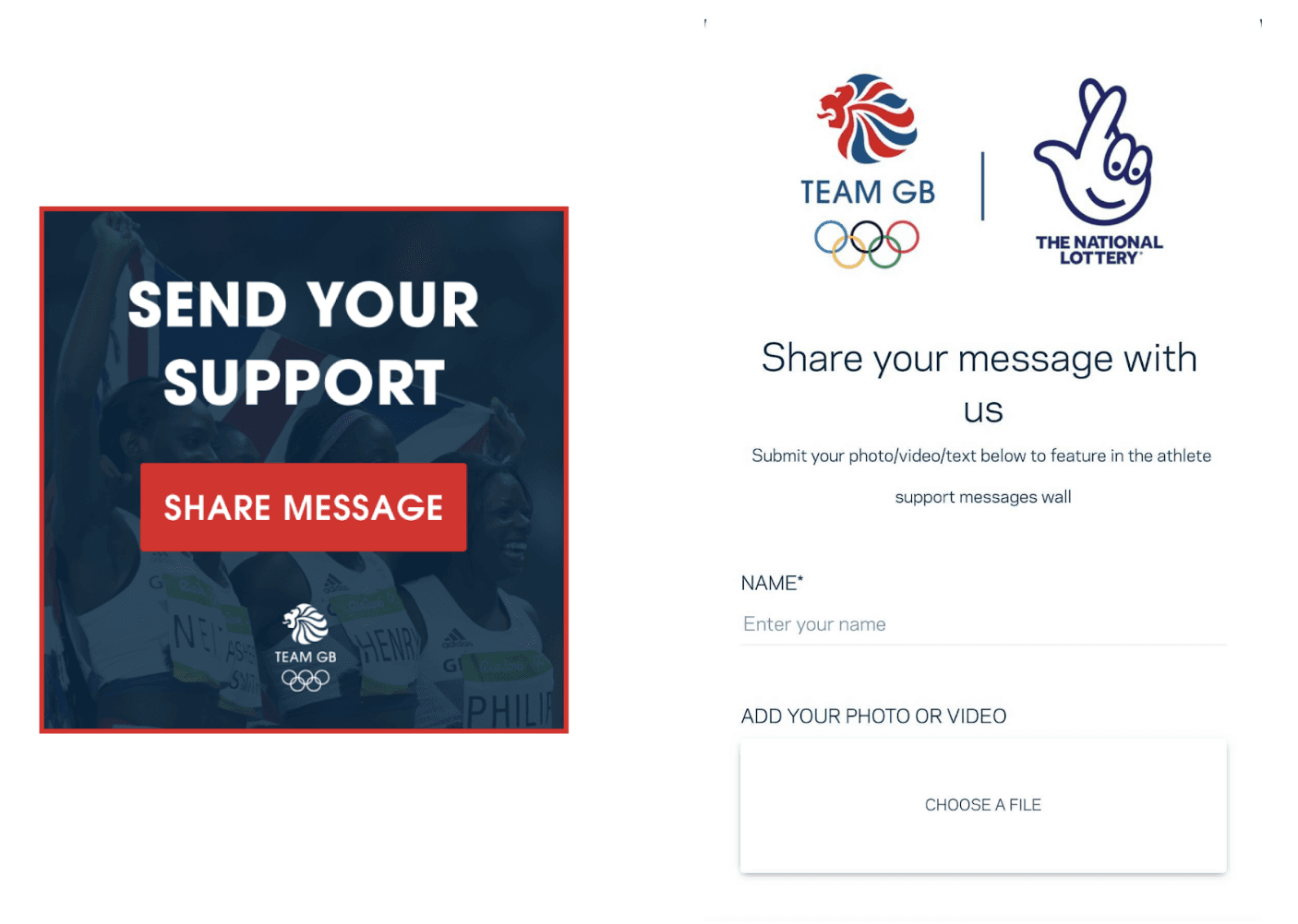 Team GB Amondo submission tile for fan-generated content and athlete messages