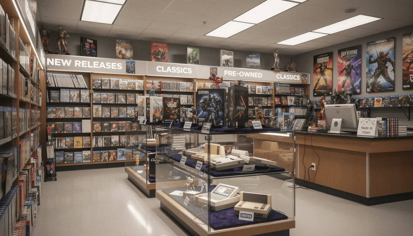 The image showcases the vibrant interior of a physical video game store, featuring colorful game boxes neatly arranged on shelves and in display cases, inviting players to discover popular games across various genres. The atmosphere is lively, reflecting a fun environment where gamers can browse and find their next favorite title.