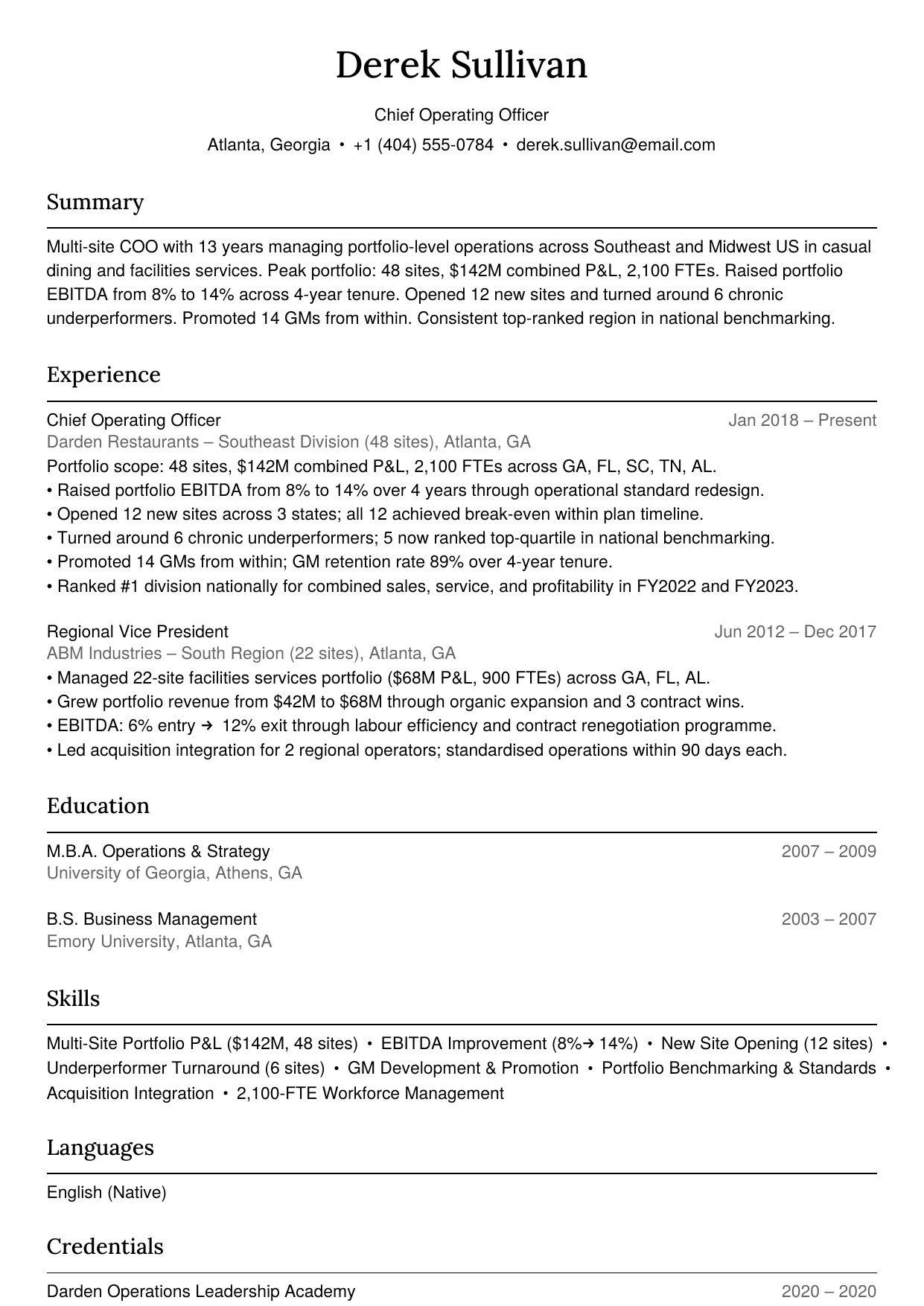 Multi-site COO resume example