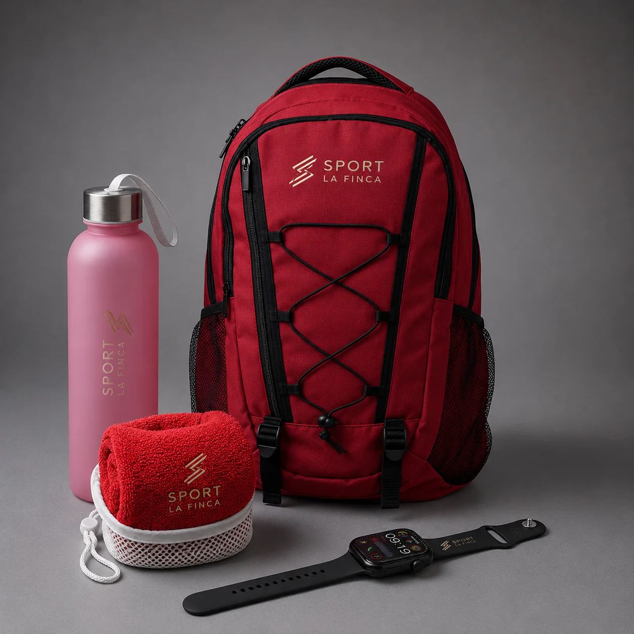 Kit de bienvenida fitness para empresas con mochila deportiva, botella reutilizable, toalla y reloj inteligente personalizado