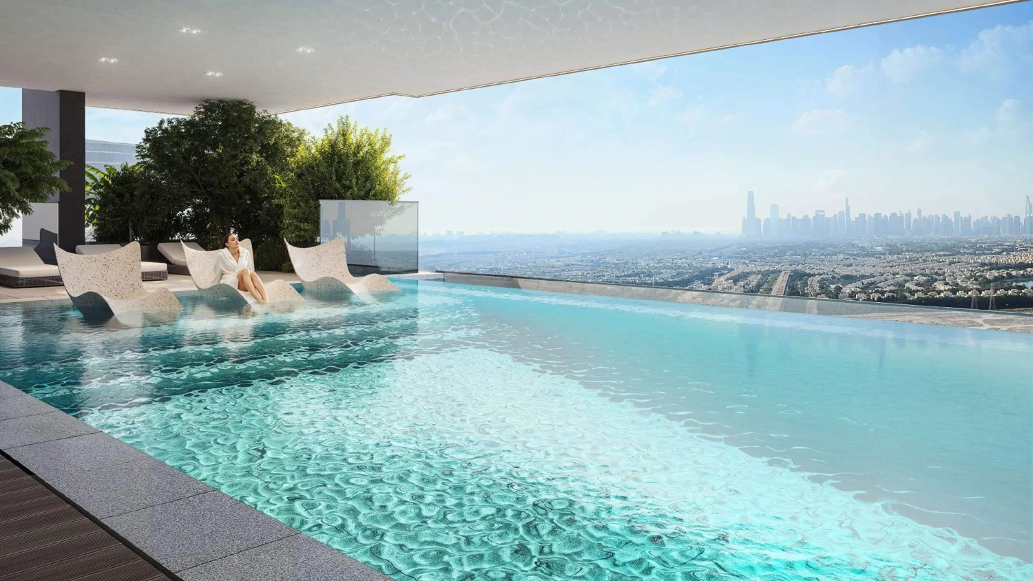 Artistic depiction of a pool at Elaris Rise, featuring a panoramic view of the cityscape.