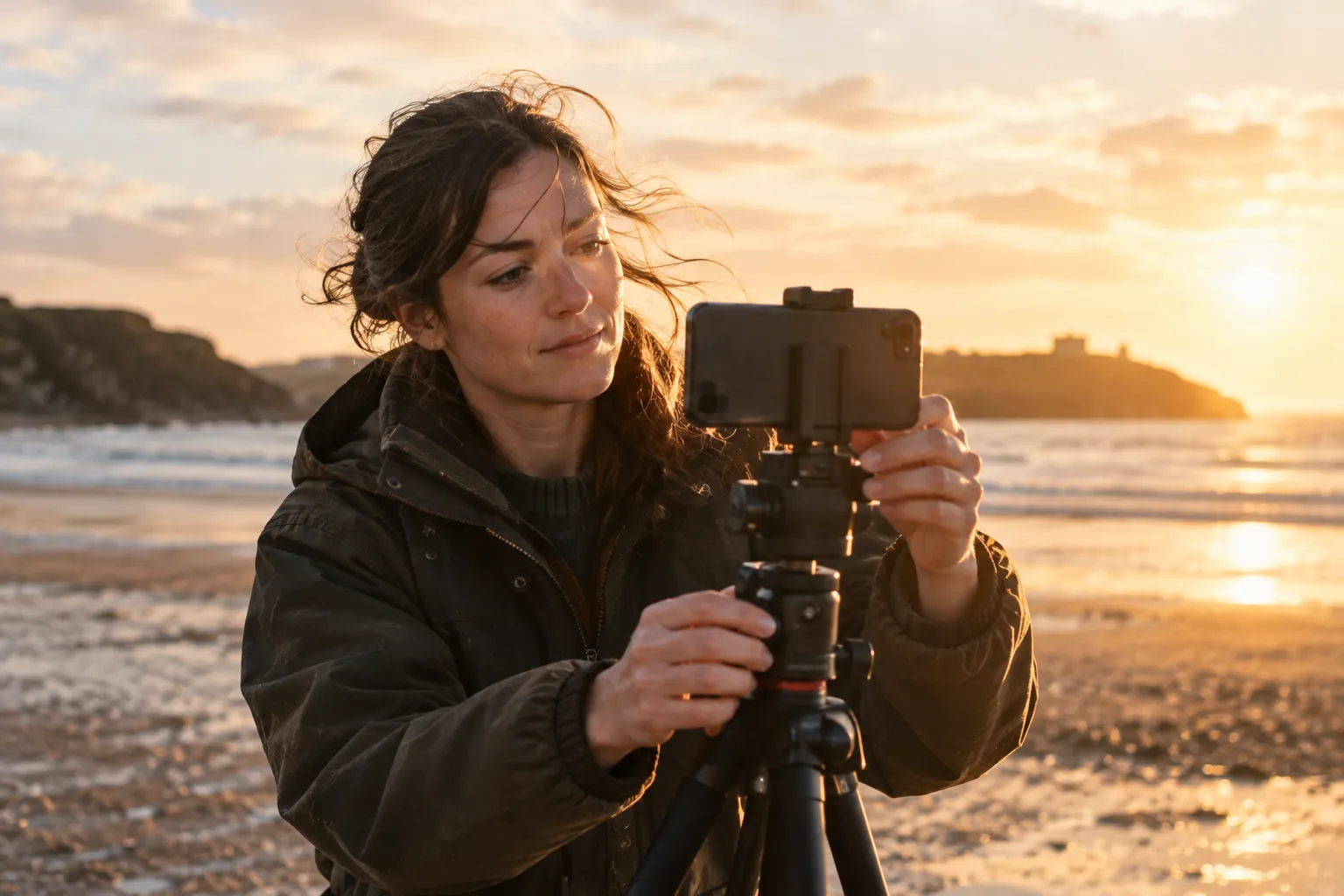 A creator filming on a tripod at the beach at golden hour