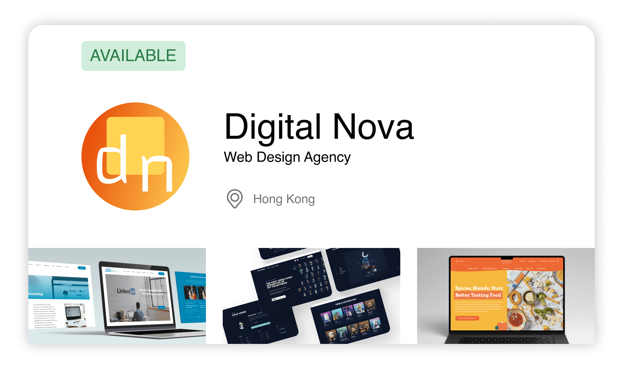 An online profile for Digital Nova, showing that they are available for work.