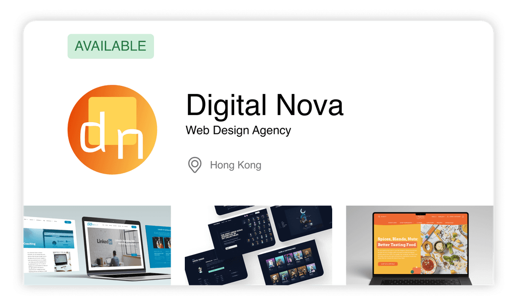 An online profile for Digital Nova, showing that they are available for work.