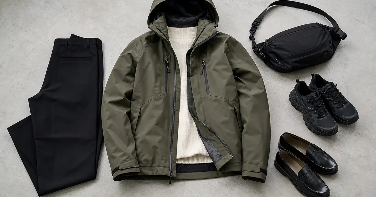 Olive technical shell styled with black tailored trousers, a cream knit, technical bag, hiking sneakers, and polished loafers