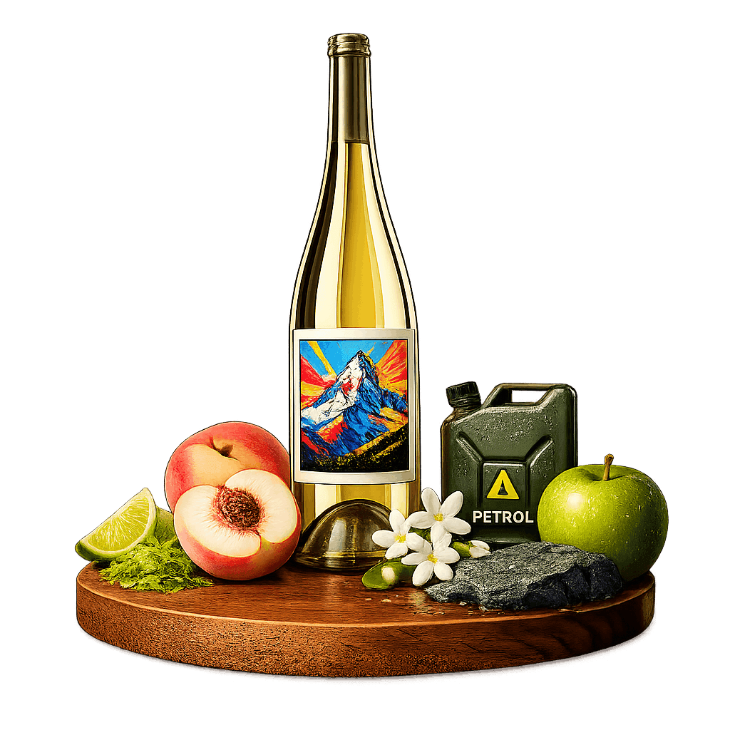 Artistic label and flavor profile for Colorado Riesling on a rustic wooden table.