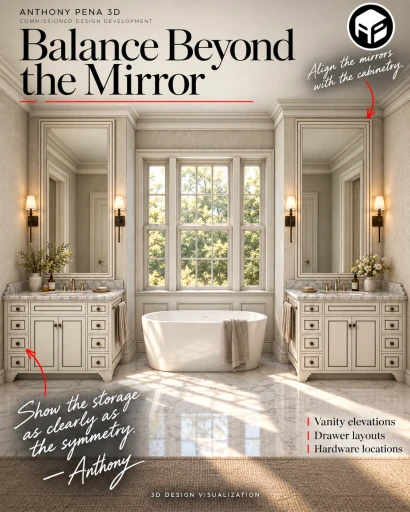 Concept bathroom cover with paired vanities and tall framed mirrors around a central tub.