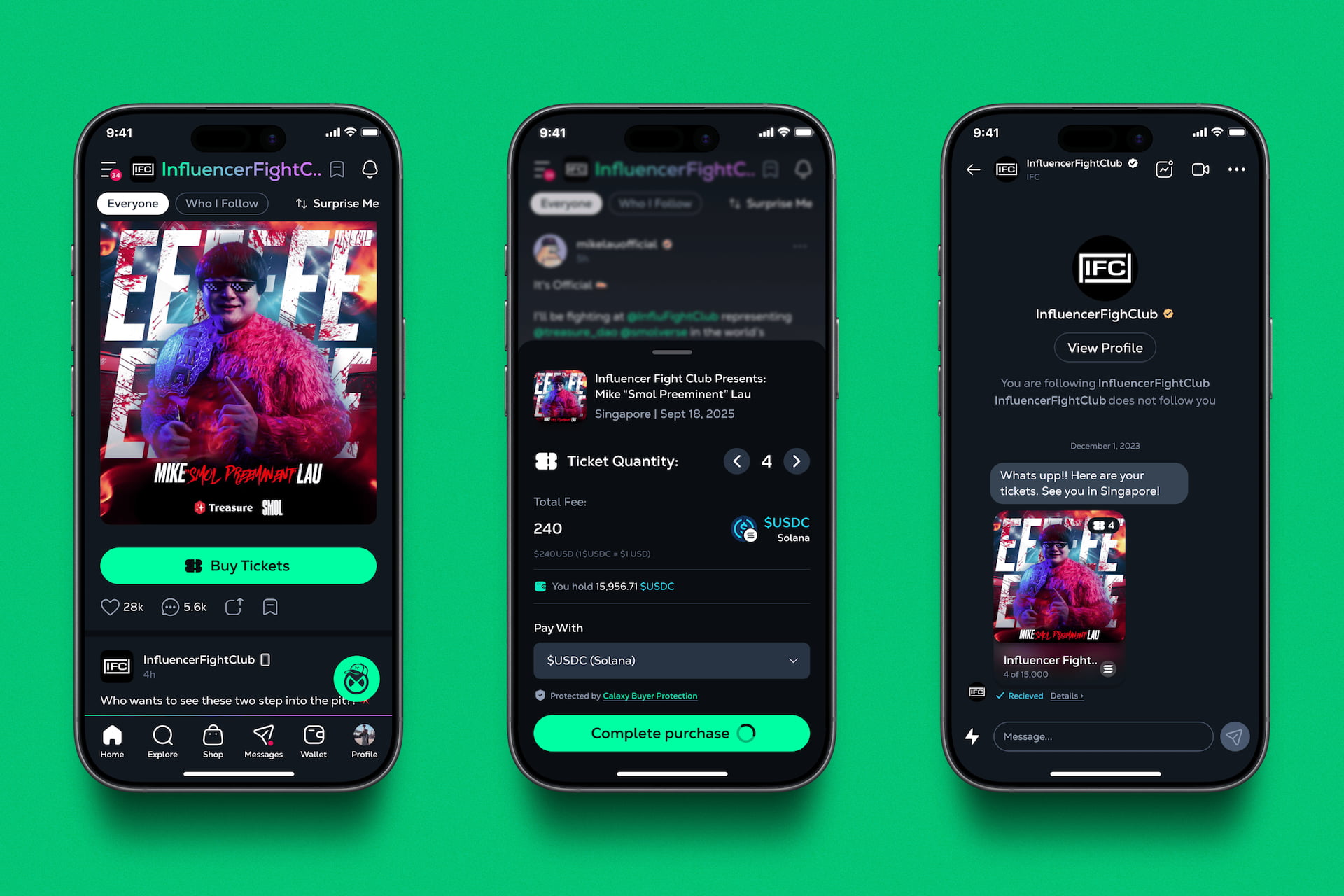 Closed Loop NFT Ticketing UX Prototype by Chadd Weston for Calaxy, showing a mobile app flow where users discover an Influencer Fight Club event, select ticket quantity, and purchase blockchain-based tickets using USDC on Solana.
