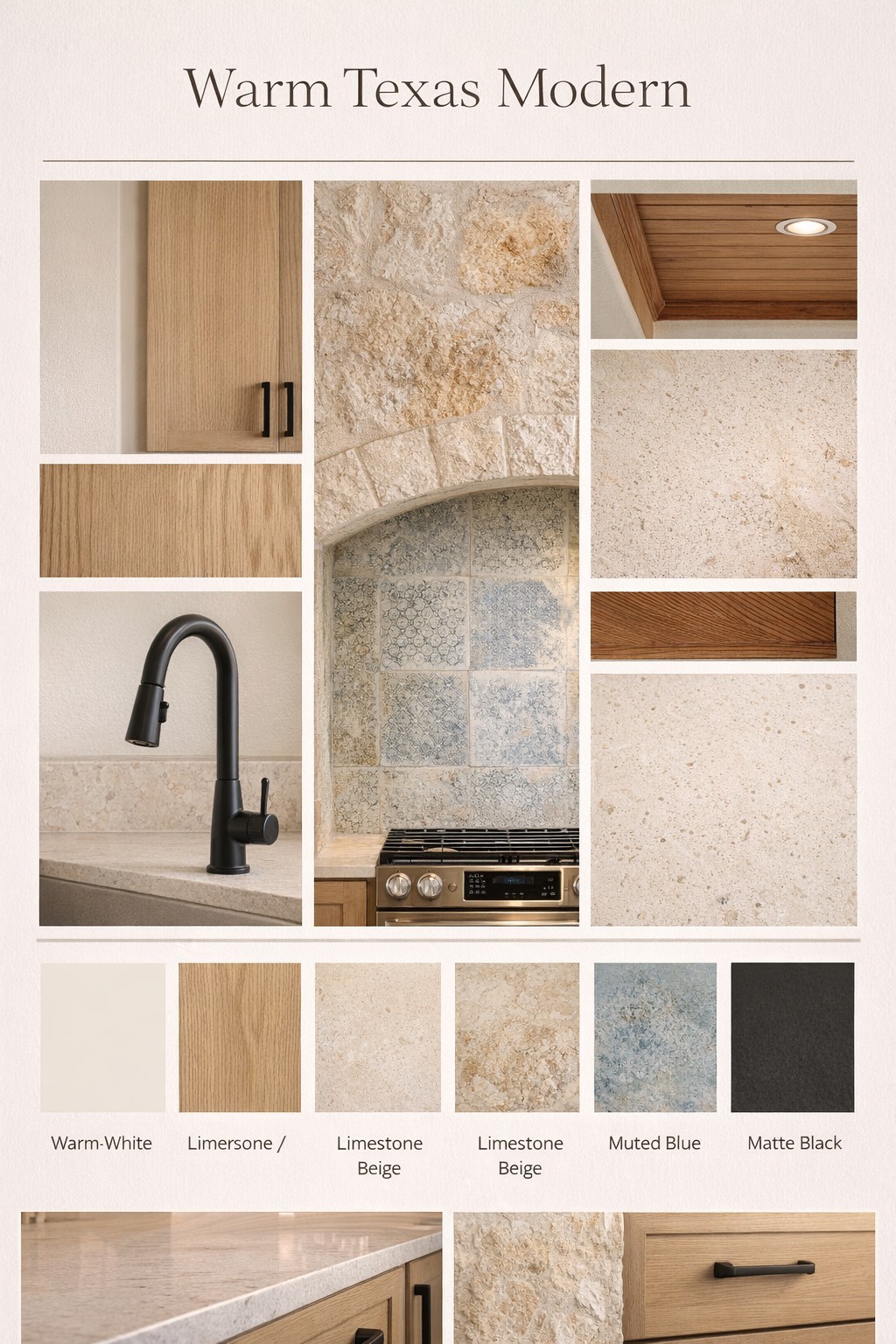 Warm Texas Modern kitchen design mood board with natural oak cabinets, travertine stone, and matte black fixtures