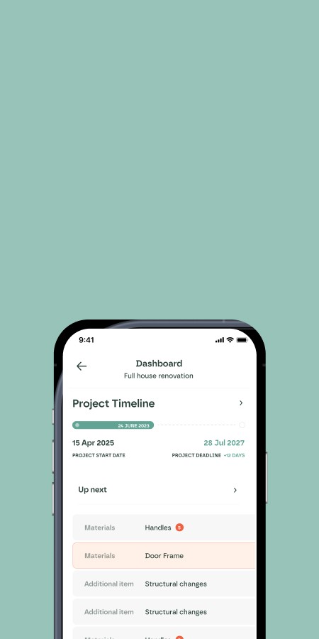 picture of the phone with the rafter app interface on it, showing the timeline of the project and the dashboard of the project. Phone is on the light green background