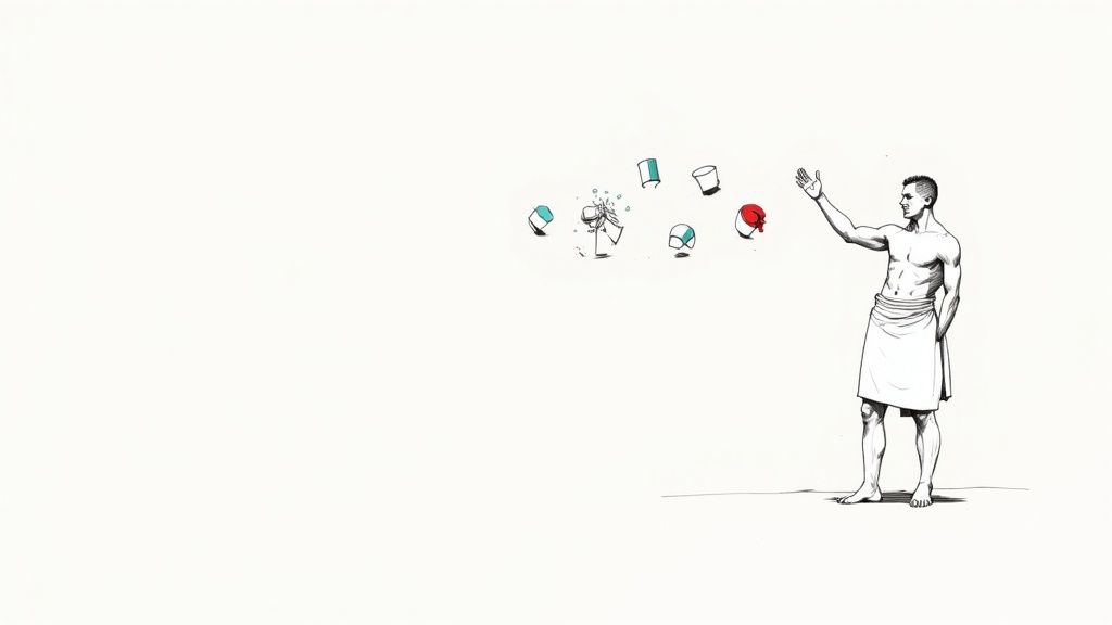 Illustration of man juggling multiple objects representing viral marketing concept and idea sharing