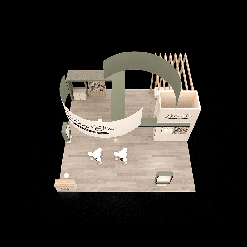 30x30 housewares trade show booth with product shelving, meeting areas, and reception counter