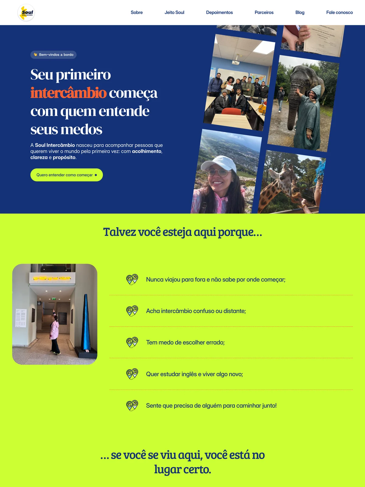 Página inicial do site da Soul Intercâmbio no computador