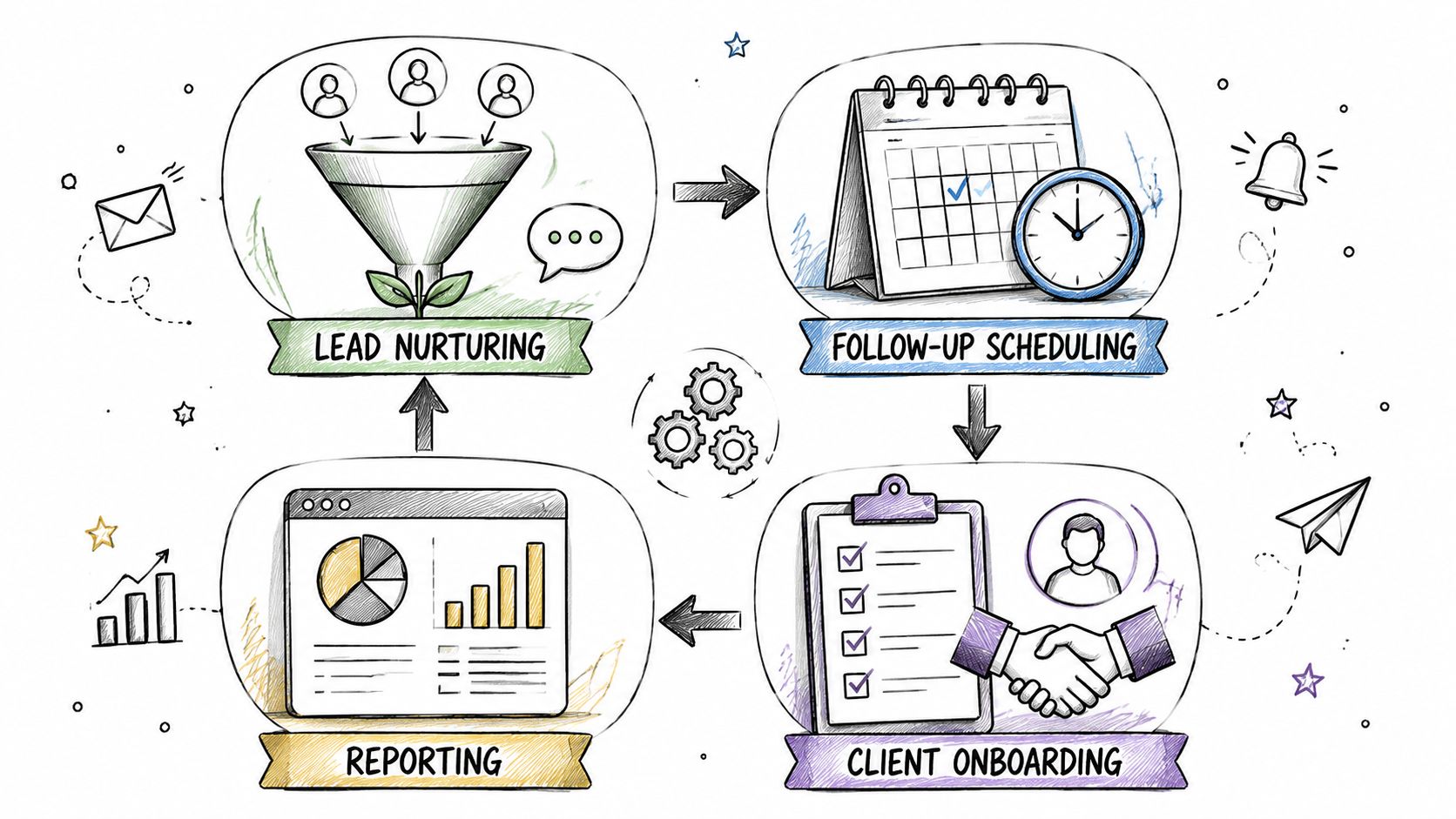 A hand-drawn illustration showing a four-step sales workflow automation process including lead nurturing, scheduling, onboarding, and reporting.