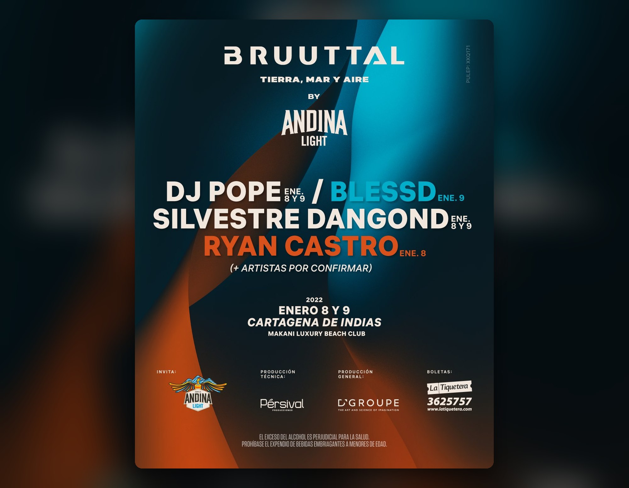 Afiche de Bruuttal «Tierra, mar y aire» by Andina Light con el cartel de artistas del 8 y 9 de enero en Cartagena