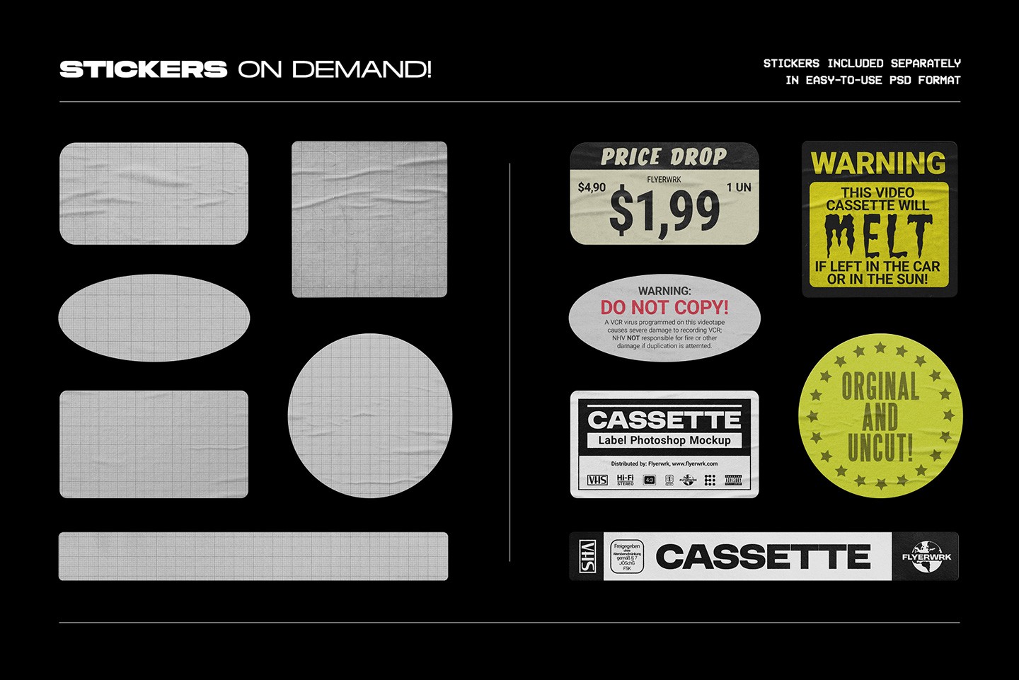 Vintage VHS cassette tape mockup sticker elements and label graphics