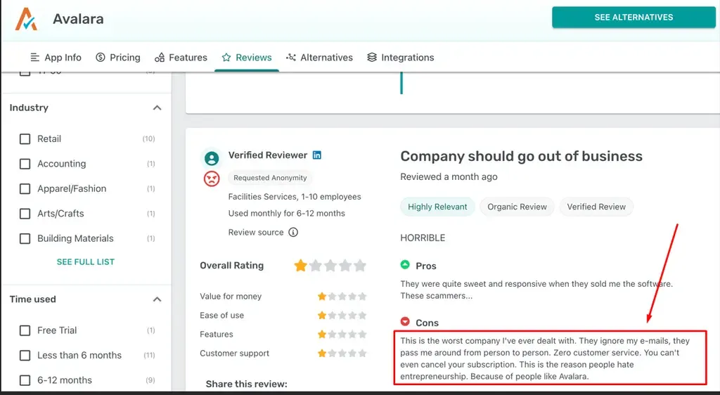 A verified reviewer criticizes Avalara’s customer service
