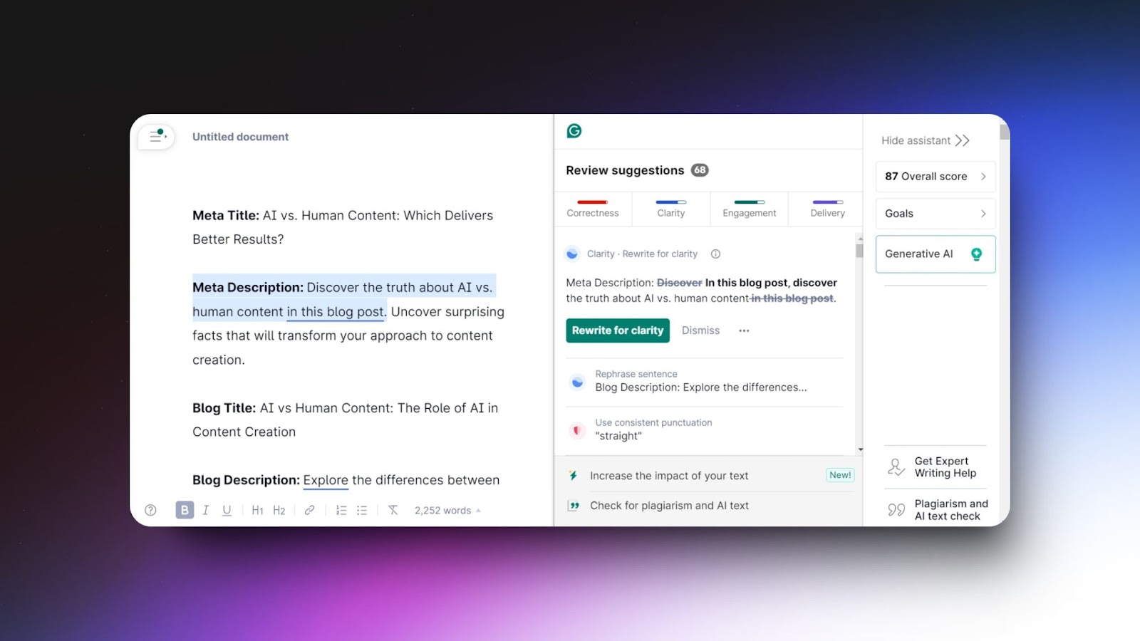 Screenshot of Grammarly document editing tool with AI-generated suggestions for meta descriptions, blog titles, and content clarity improvements.