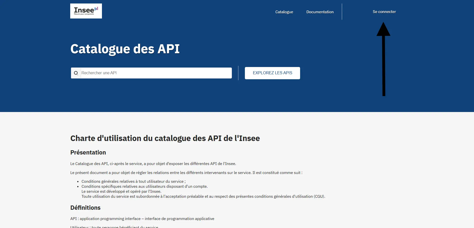 page d’accueil portail API INSEE avec bouton connexion