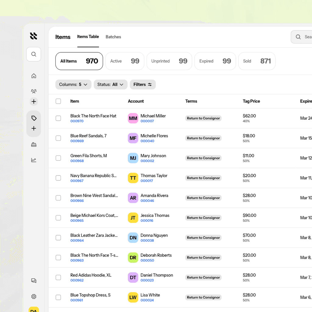 Screenshot of the ConsignCloud interface showing the items table in ConsignCloud