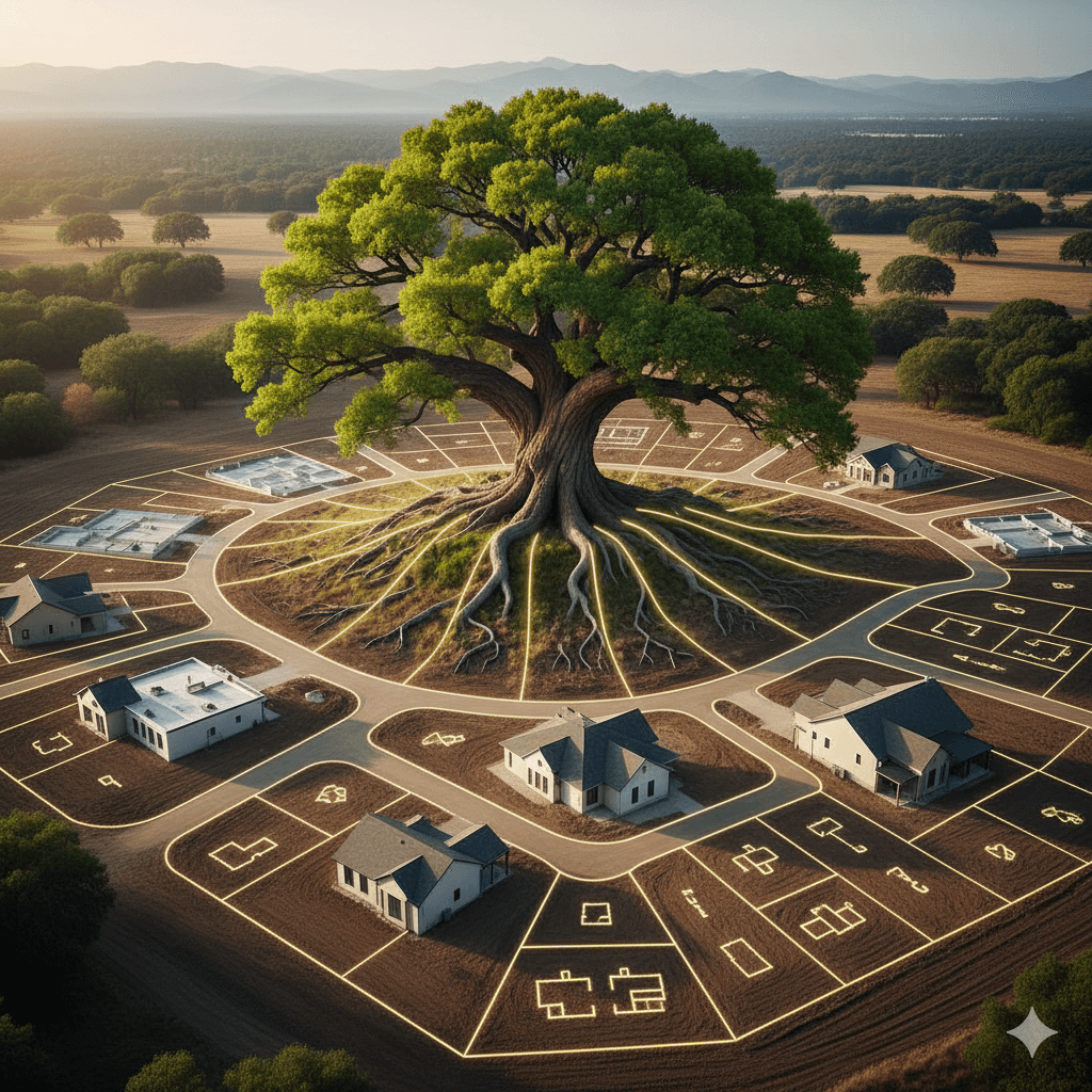 Large heritage tree with glowing roots over a residential plot layout in Sector 36 Panipat