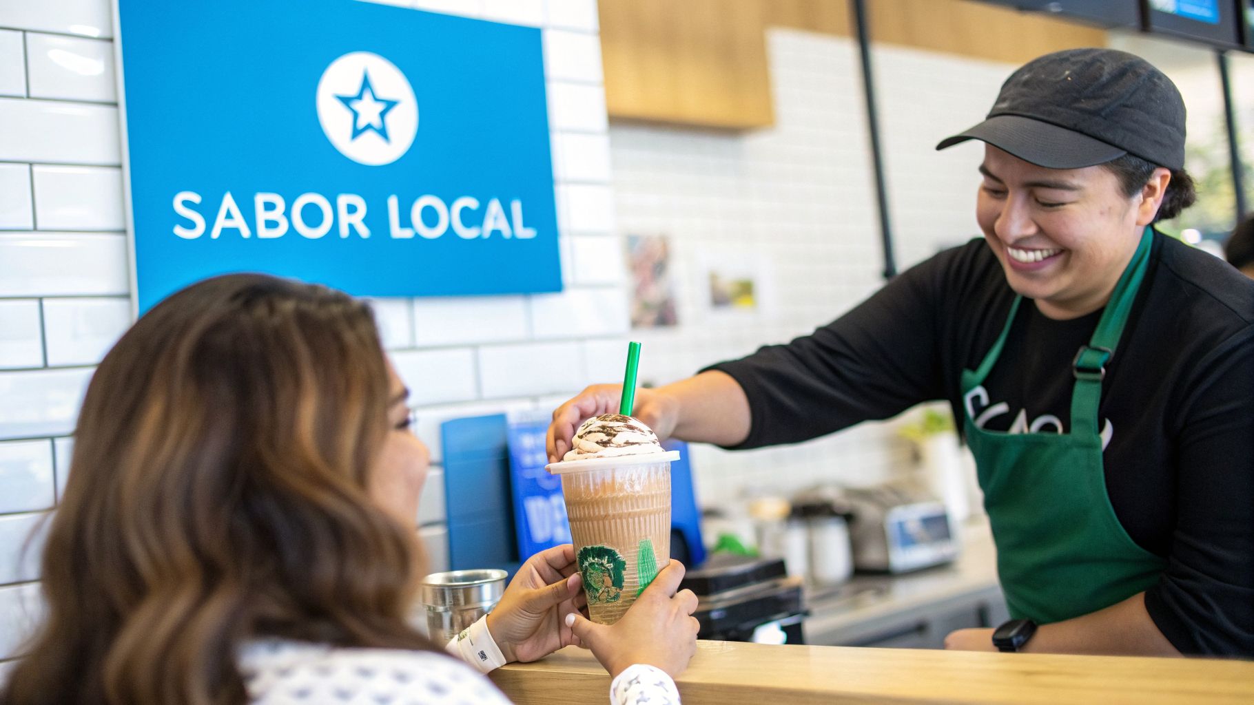 Barista sonriente de Starbucks entrega una bebida con crema batida a una clienta. Un letrero 'SABOR LOCAL' se ve detrás.