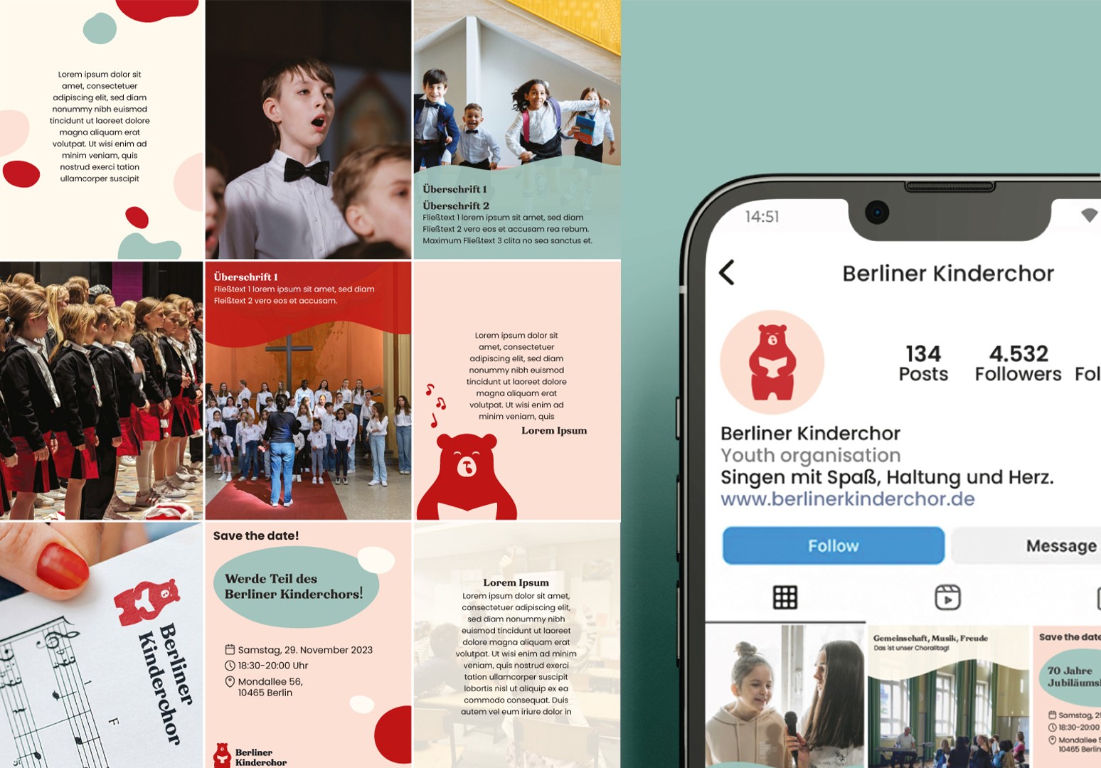 A grid of social media templates and a close-up of the choir's Instagram page