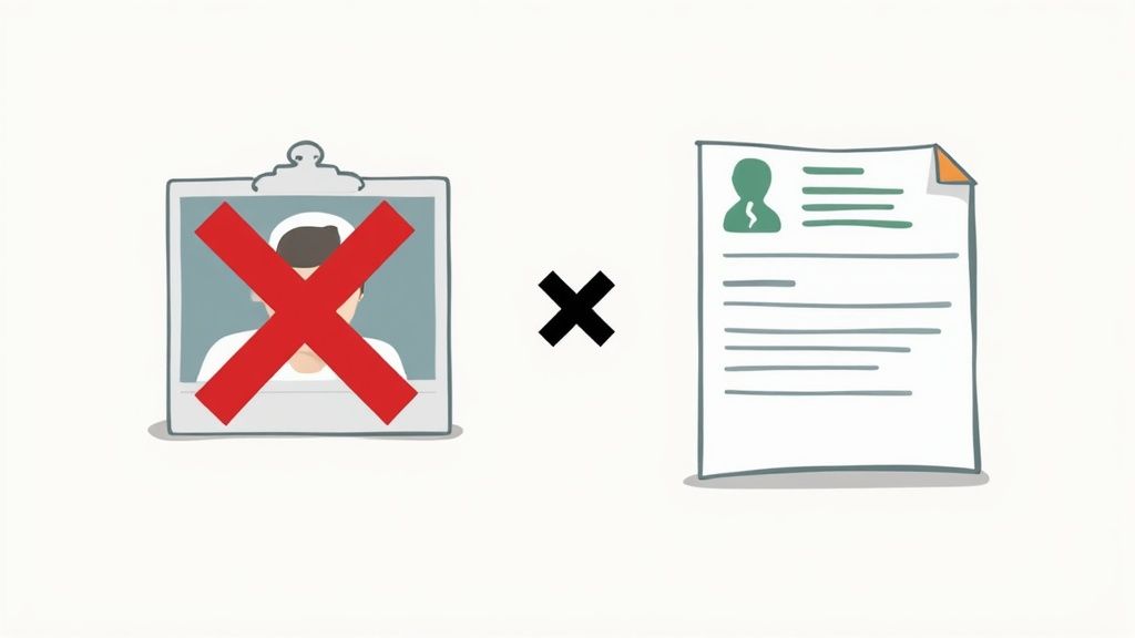 Eine Personalerin prüft kritisch einen Lebenslauf mit einem Bewerbungsfoto.