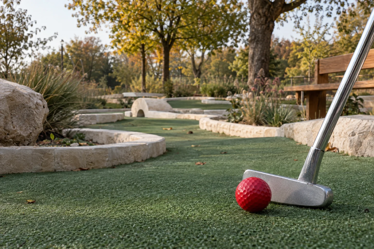 Minigolfball und Schläger auf dem Grün