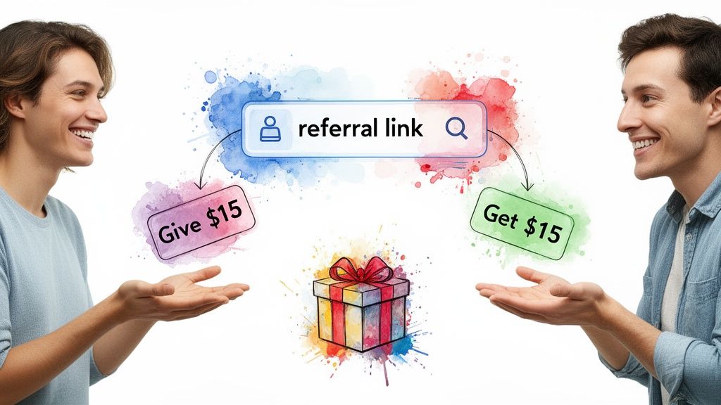 Two happy men demonstrate a referral link program where both the giver and getter earn $15.
