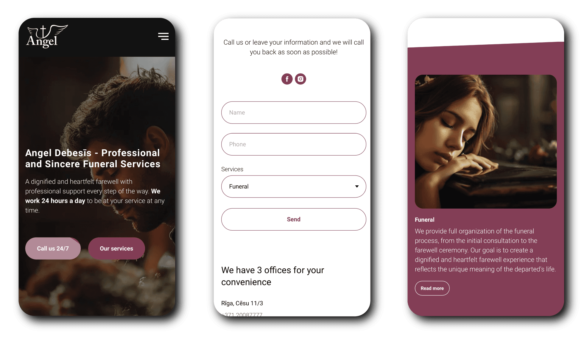 Angel Debesīs bēru pakalpojumu mājas lapas mobilā versija ar kontaktformu un pakalpojumu sadaļām