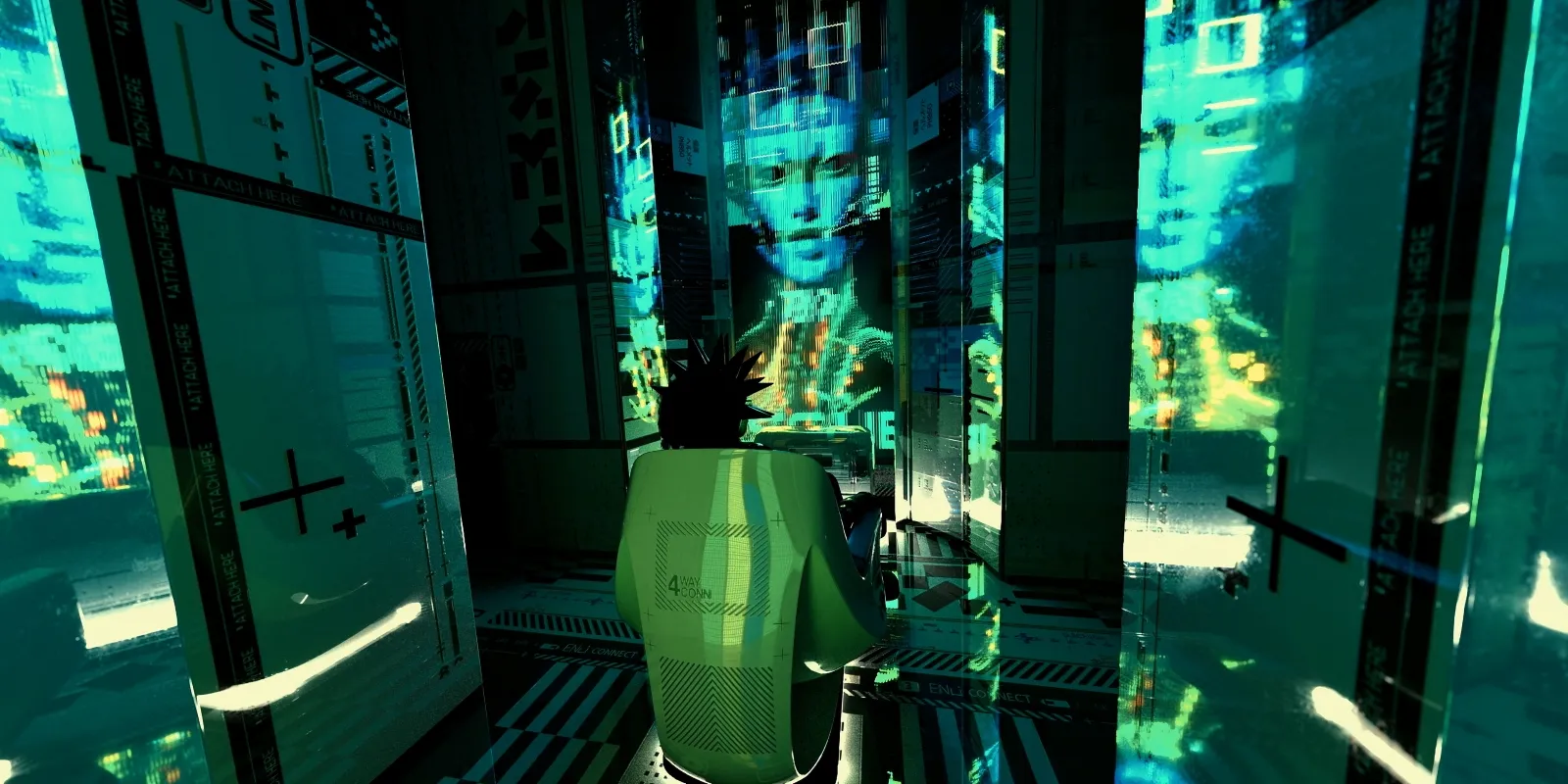 An individual at a futuristic console interacts with a digital interface in a dimly lit room, surrounded by transparent screens displaying vivid holographic images and coded patterns.