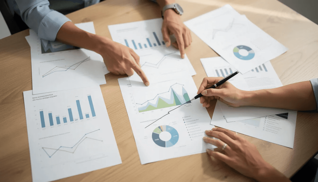 The image shows hands pointing at various printed charts and graphs laid out on a wooden desk, suggesting a detailed analysis of a pitch deck presentation. These visuals likely represent key metrics and financial projections essential for attracting potential investors and securing funding for a business plan.