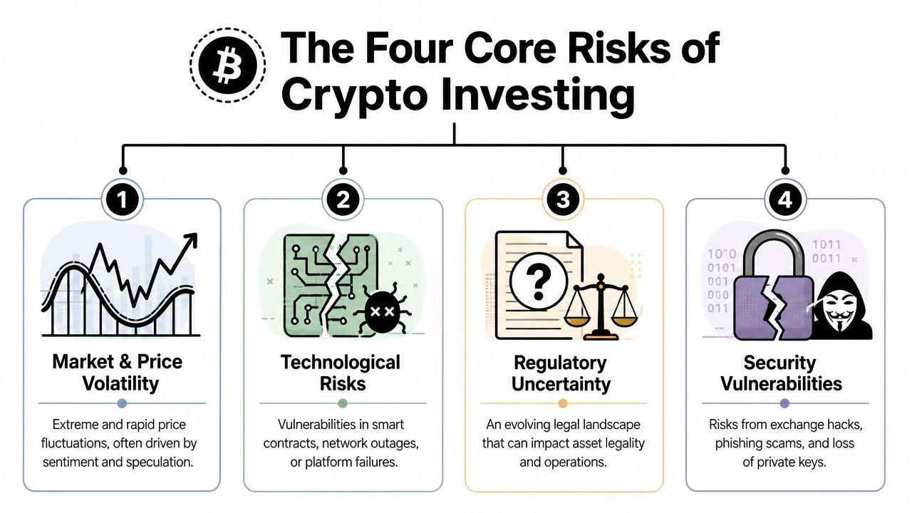 An infographic titled The Four Core Risks of Crypto Investing detailing market volatility, technology, regulation, and security.