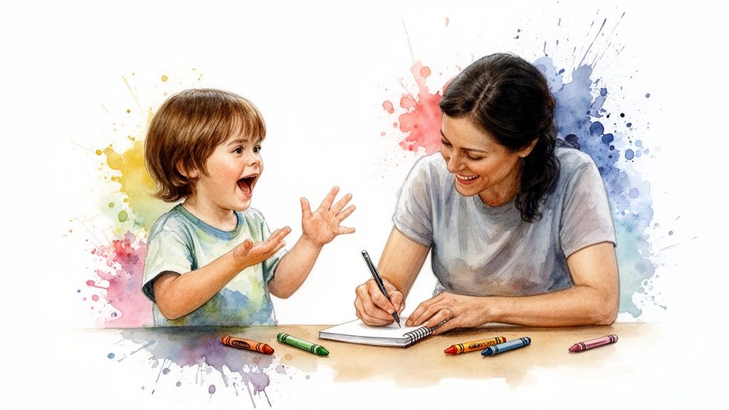 Happy mother and child watercolor painting together, surrounded by colorful splatters and crayons.