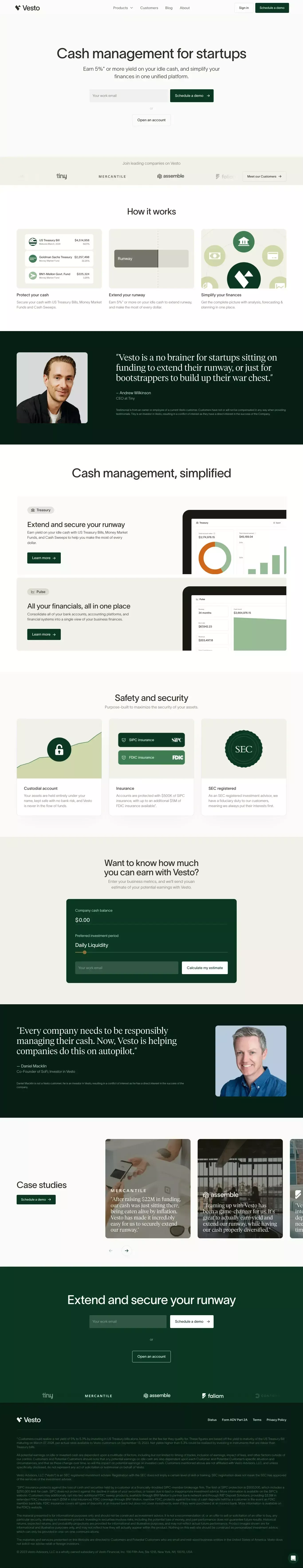 Vesto landing page screenshot showcasing Tech and Finance design